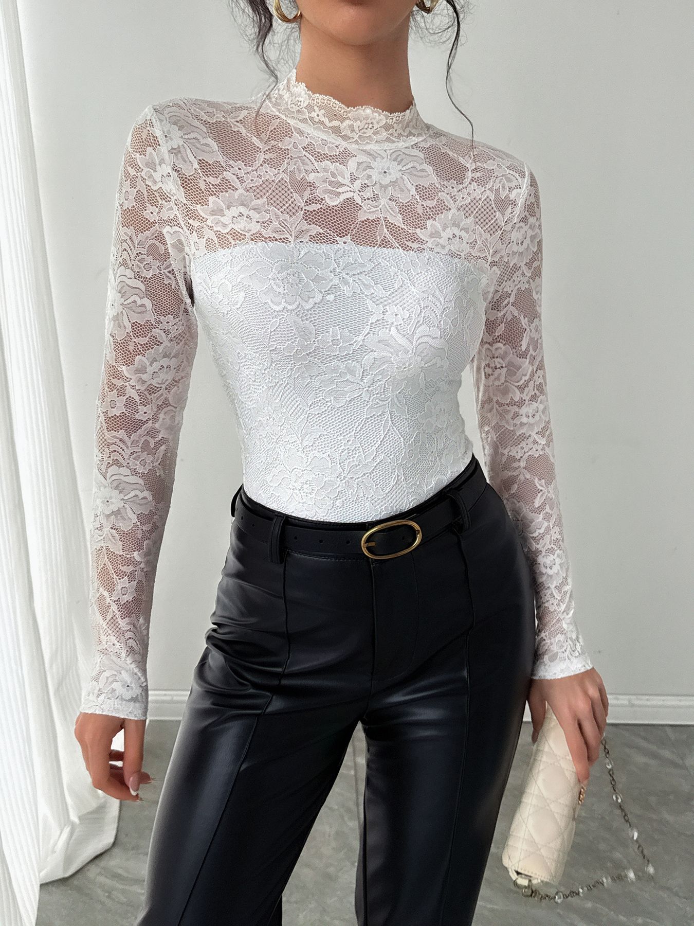 Womens Floral Lace Top Sexy See-Through Shirt Female O Neck Basic Blouse